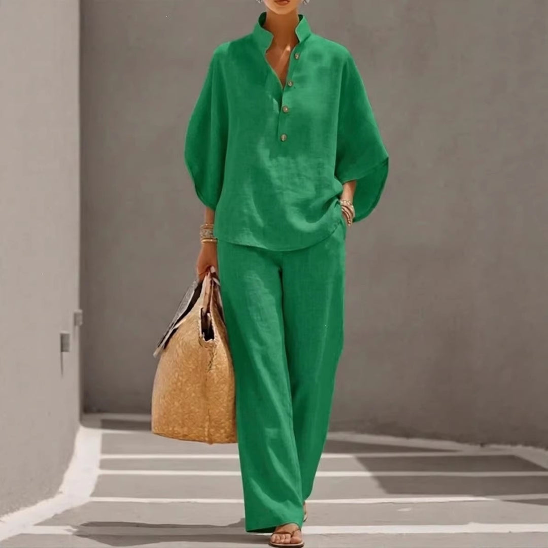 Damen Lockeres Leinenoptik-Zweiteiler mit Stehkragenbluse und weitem Palazzo-Hose – Élanora