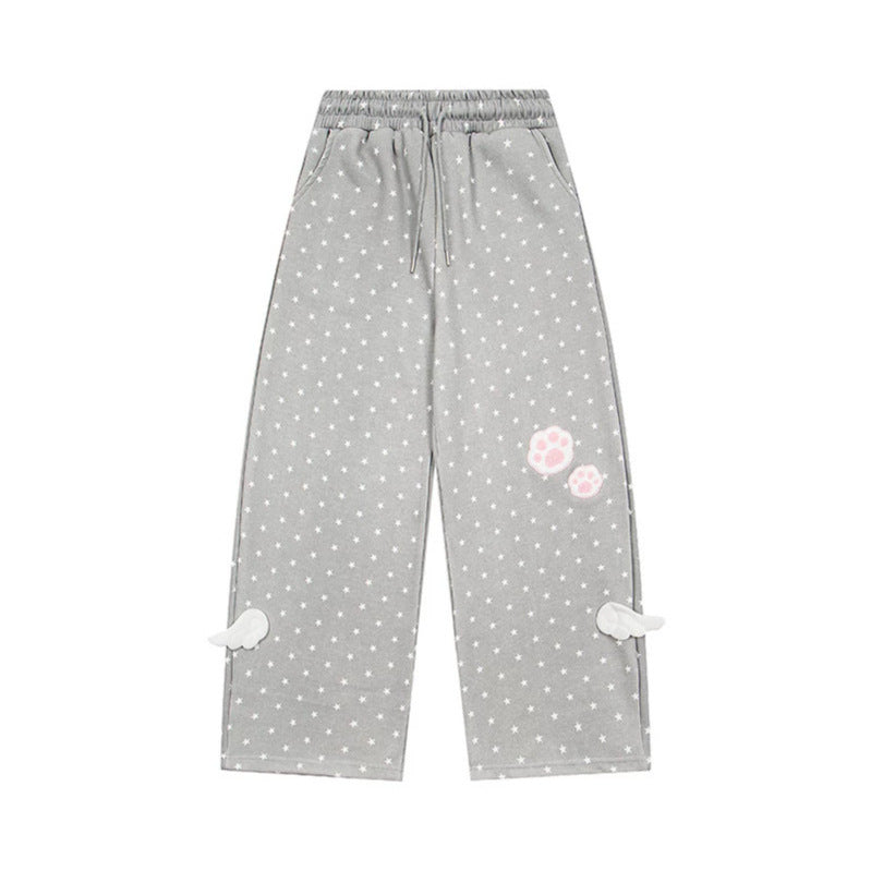 Damen Weite Lounge-Hose mit elastischem Bund, Sternenallover und Pfoten-Applikation Echoarchiv