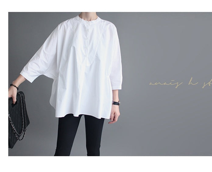 Damen Oversized-Bluse mit Stehkragen, ballonförmiger Silhouette und 3/4-Ärmeln Echoarchiv