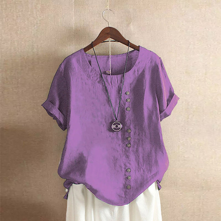 Damen Lässige Leinenbluse mit Umschlagbaren Ärmeln und Knopfdetails Echoarchiv