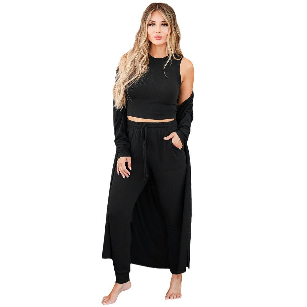 Damen Dreiteiliges Lounge-Set aus weichem Viskosemix mit Longcardigan, Crop-Top und Jogginghose – Élanora