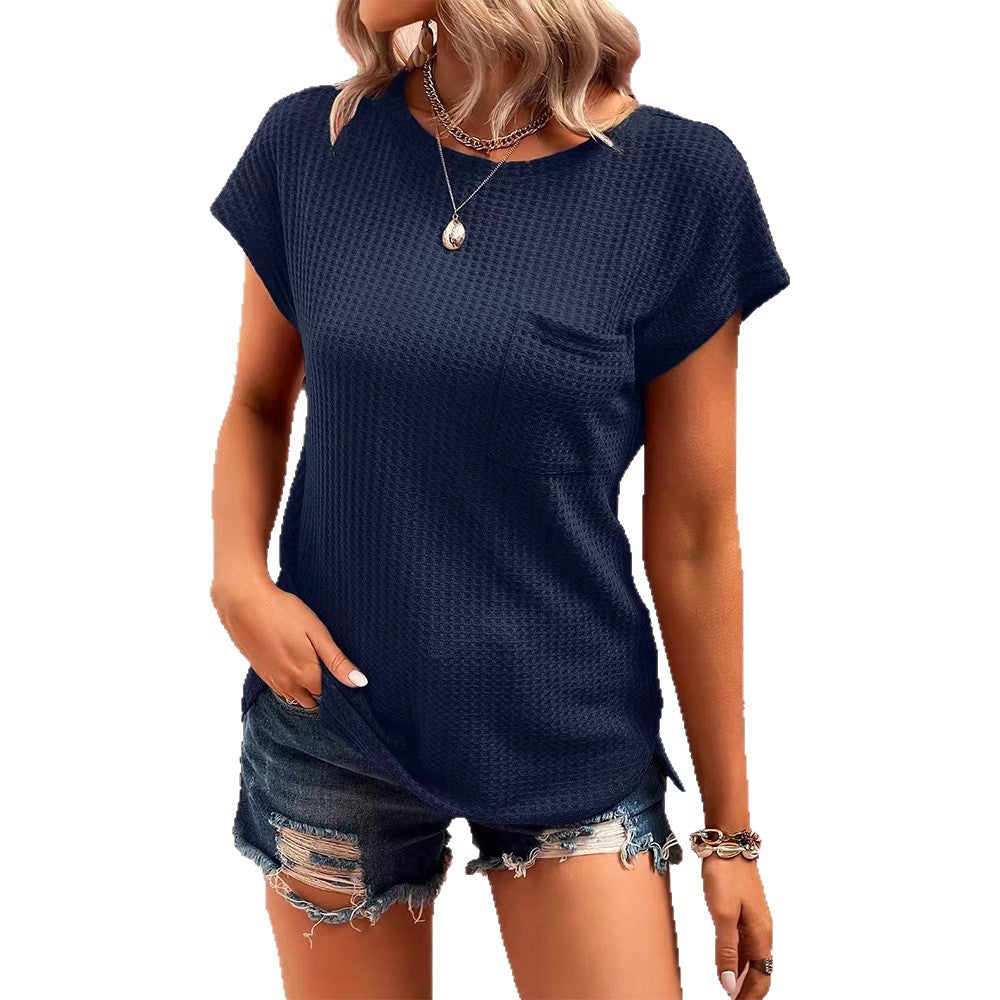 Damen nan legeres Kurzarm-Waffelshirt mit Rundhalsausschnitt, Brusttasche und seitlichem Schlitz Echo Archiv