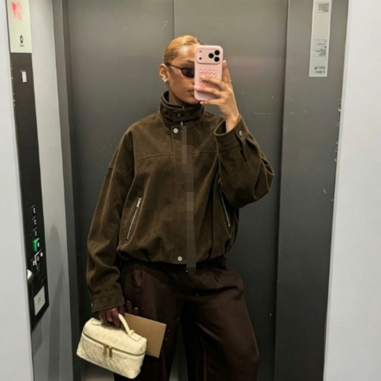Damen Boxy-Suede-Bomberjacke mit hohem Stehkragen und elastischem Saum Echoarchiv