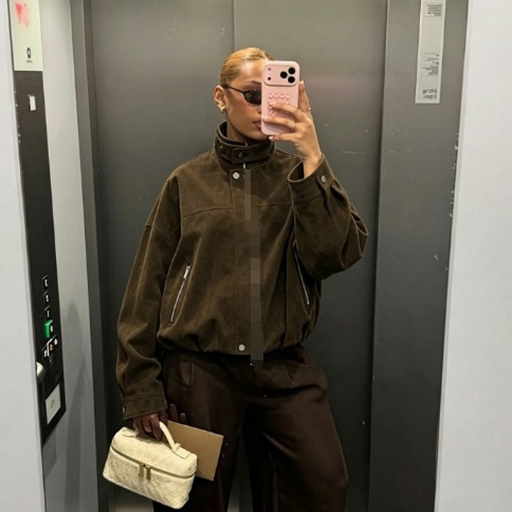 Damen Boxy-Suede-Bomberjacke mit hohem Stehkragen und elastischem Saum Echoarchiv
