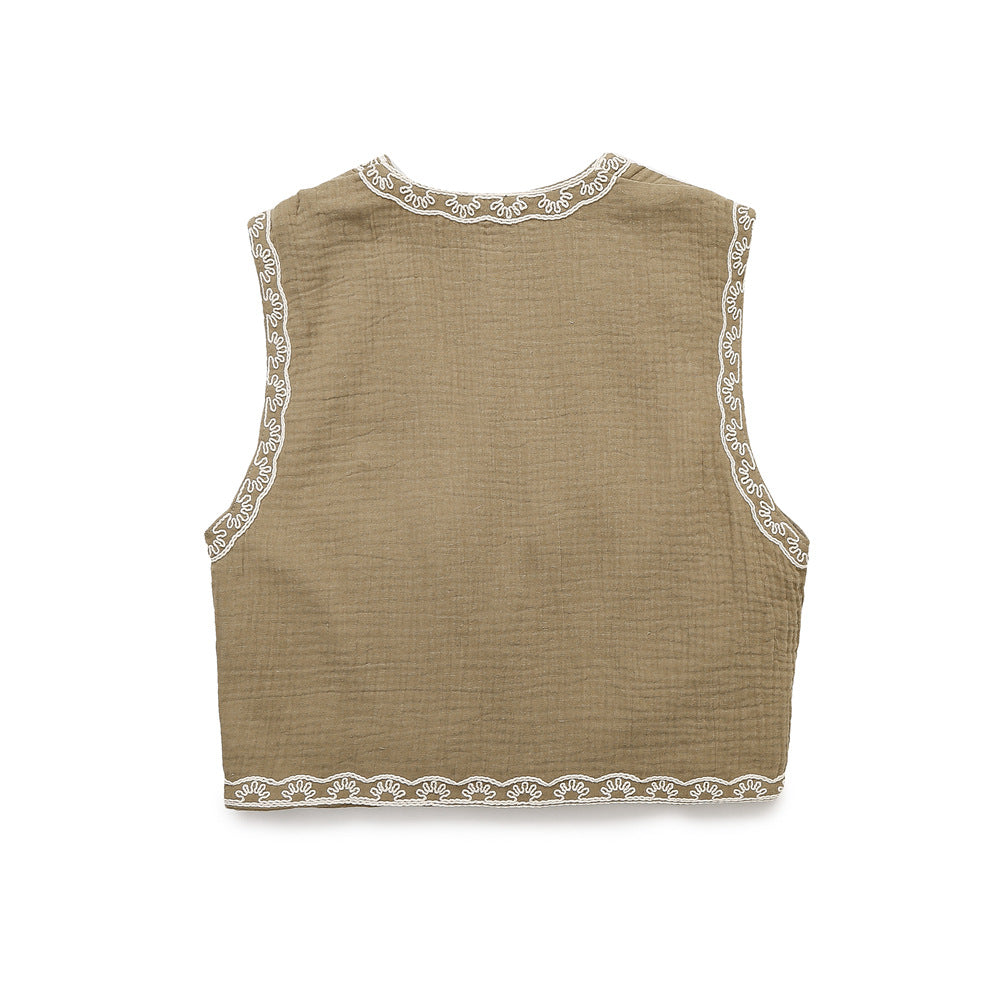 Damen Ärmellose Leinenweste mit floraler Reliefstickerei und offener Front Echoarchiv