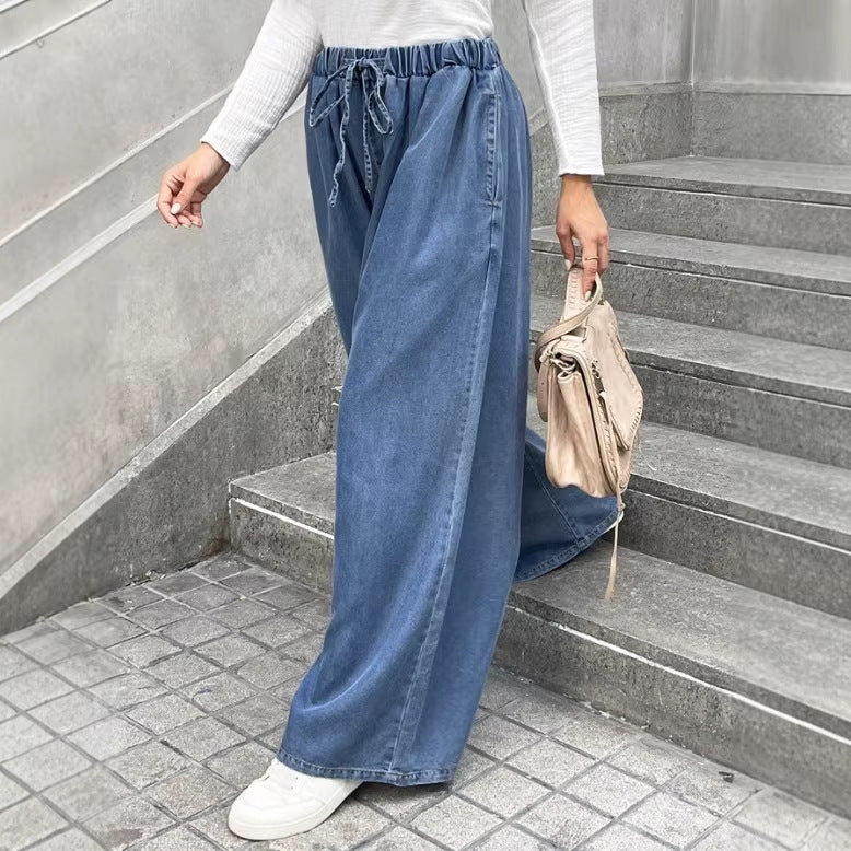 Damen Relaxte Palazzohose aus Denim mit Tunnelzugbund, Eingrifftaschen und extra weitem Bein Echo Archiv
