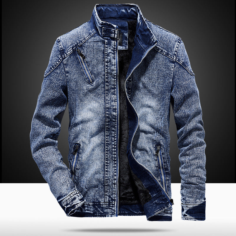 Herren Denim-Utility-Blouson mit hochschließendem Stehkragen und Zipper-Taschen – Denvaro