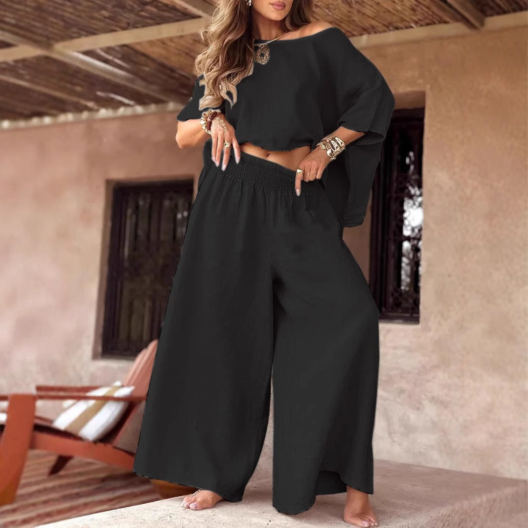 Damen Leinen-Set mit Cropped Oversize-Top und hohem elastischem Bund Palazzohose Echoarchiv