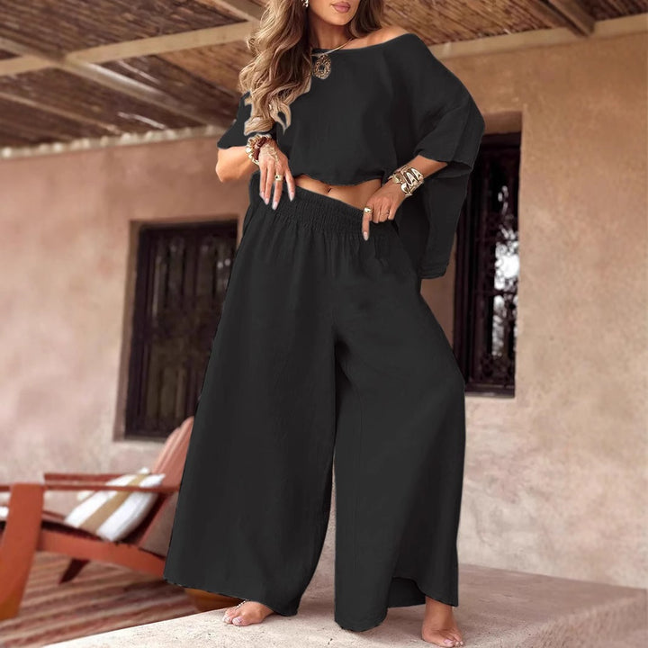 Damen Leinen-Set mit Cropped Oversize-Top und hohem elastischem Bund Palazzohose Echoarchiv