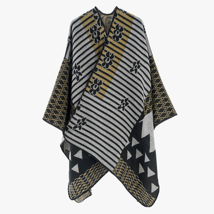 Damen Oversize Jacquard‑Ruana im Ethno‑Patchwork‑Design – Avérine