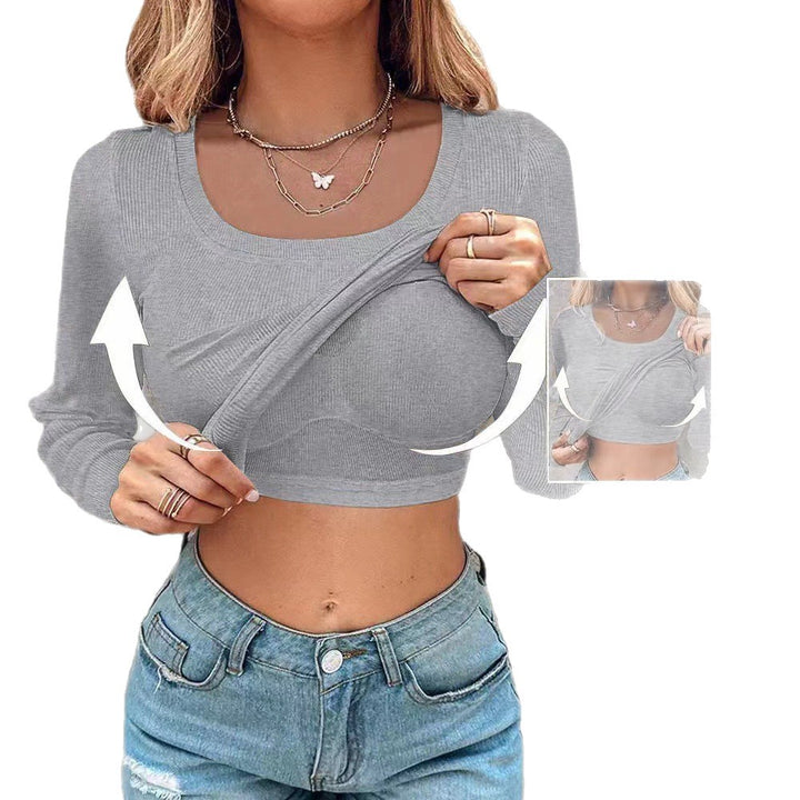 Damen Cropped Rippenstrick Langarmshirt mit integriertem Bustier Echoarchiv