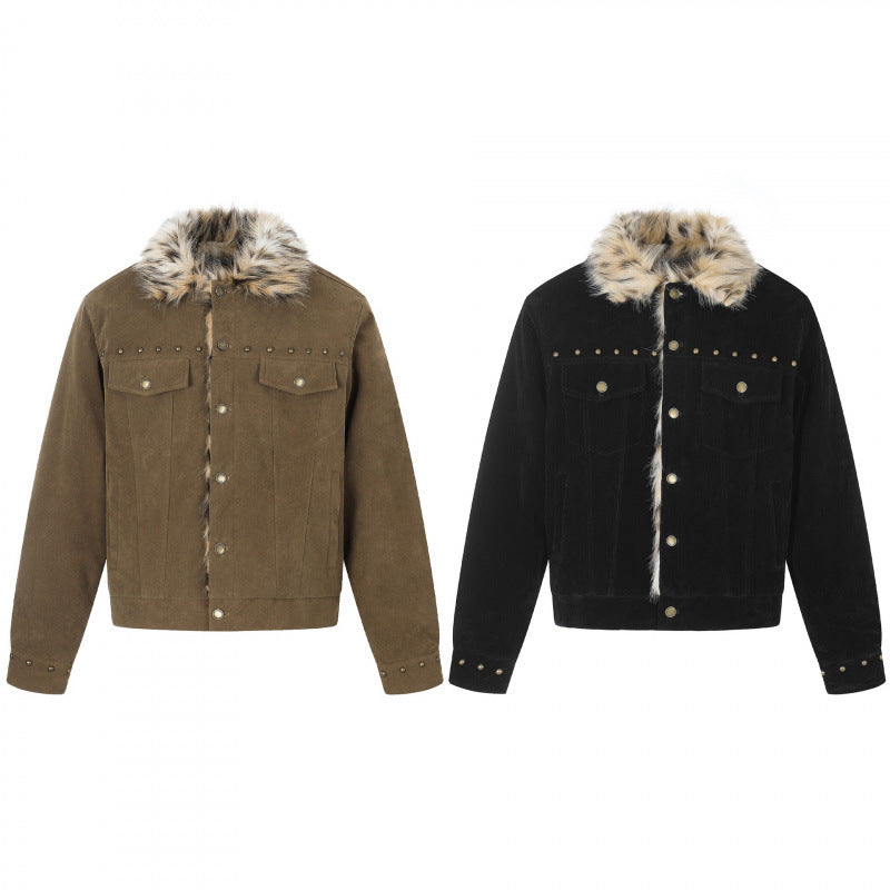 Herren Kurzjacke aus Velourslederimitat mit Kunstfellkragen und Nieten-Details Echo Archiv