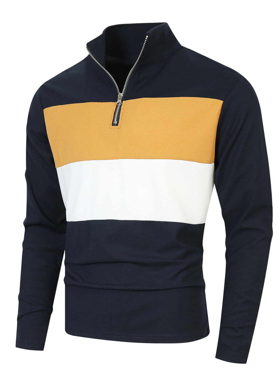 Herren Halbzip-Pullover mit Stehkragen, breitem Blockstreifen und fein gerippter Struktur – Norvane