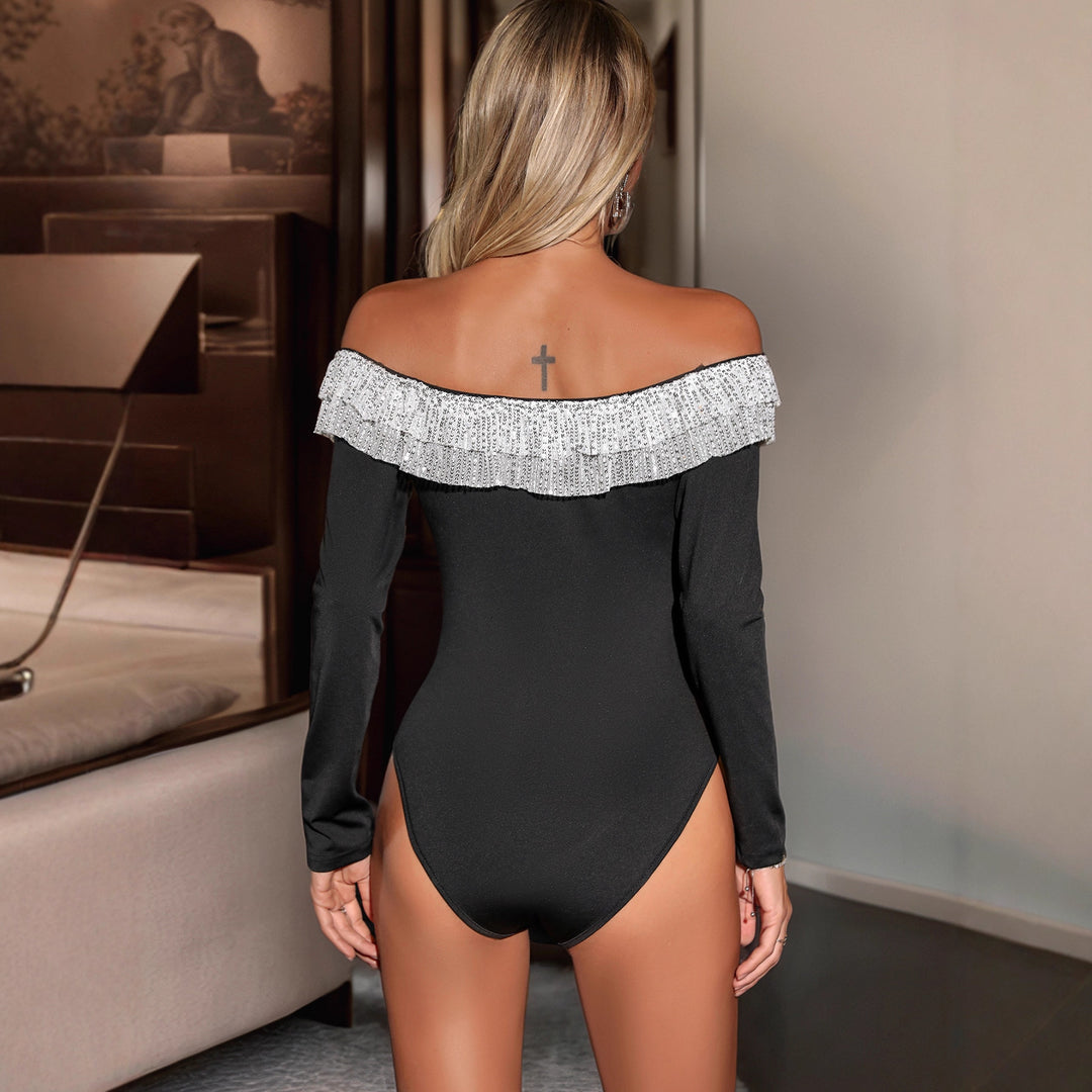Damen Schulterfreier Bodysuit mit Pailletten-Volant und Langarm Echoarchiv