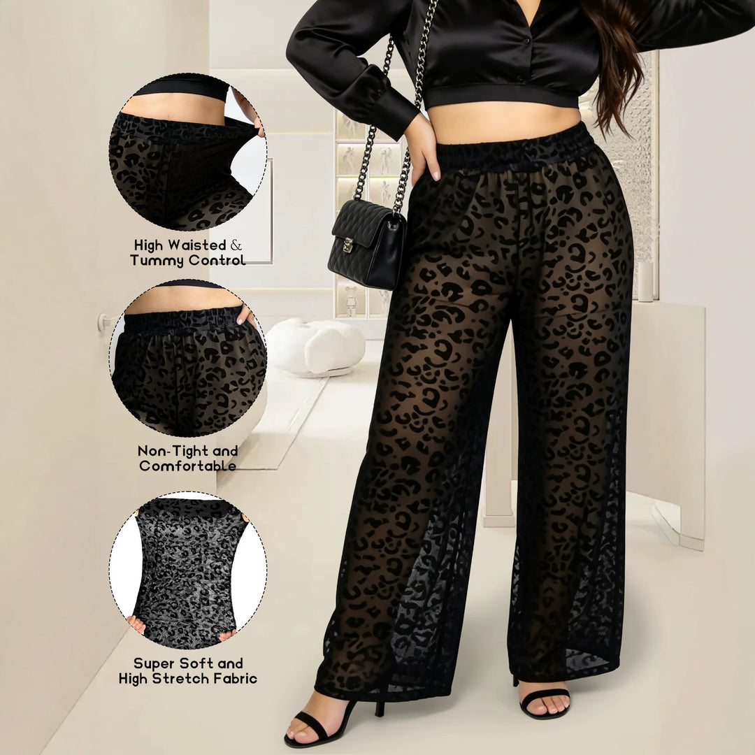 Damen Hochtaillierte weit geschnittene Chiffon-Hose mit Leopardmuster und Bauchkontrolle echoarchiv-