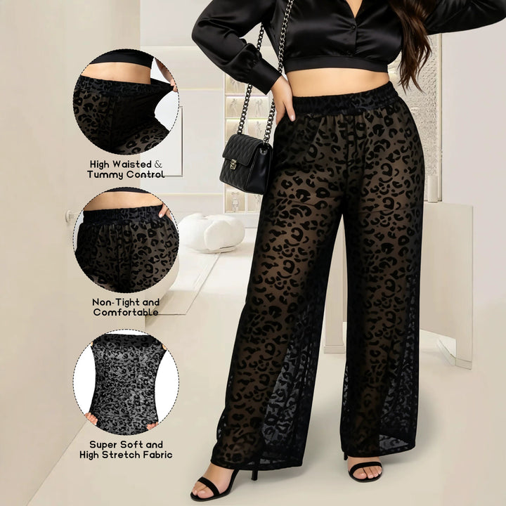 Damen Hochtaillierte weit geschnittene Chiffon-Hose mit Leopardmuster und Bauchkontrolle echoarchiv-