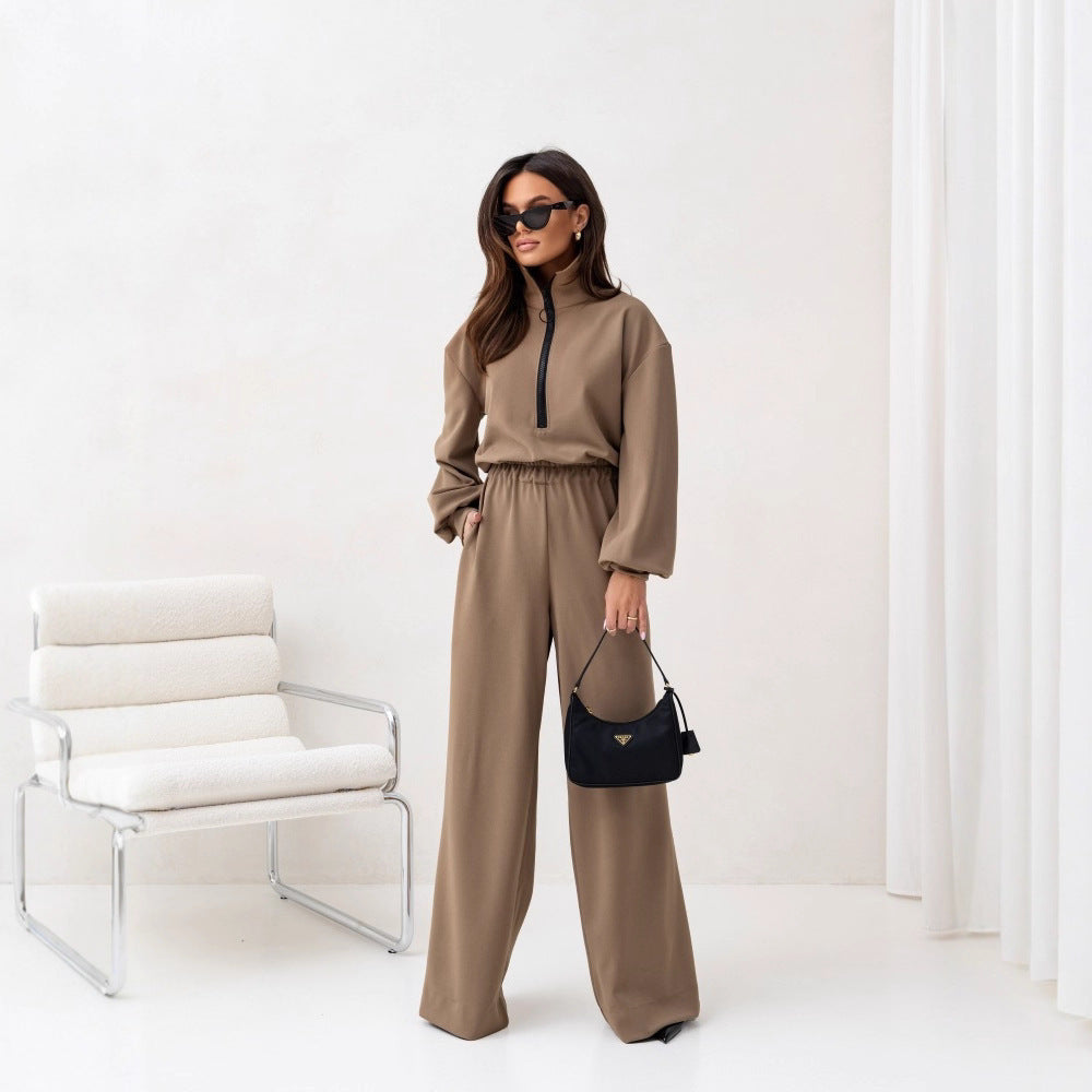 Damen relaxed-fit Zip-Pullover mit elastischem Taillenbund und extraweiter Palazzo-Hose Zweiteiler – Élanora