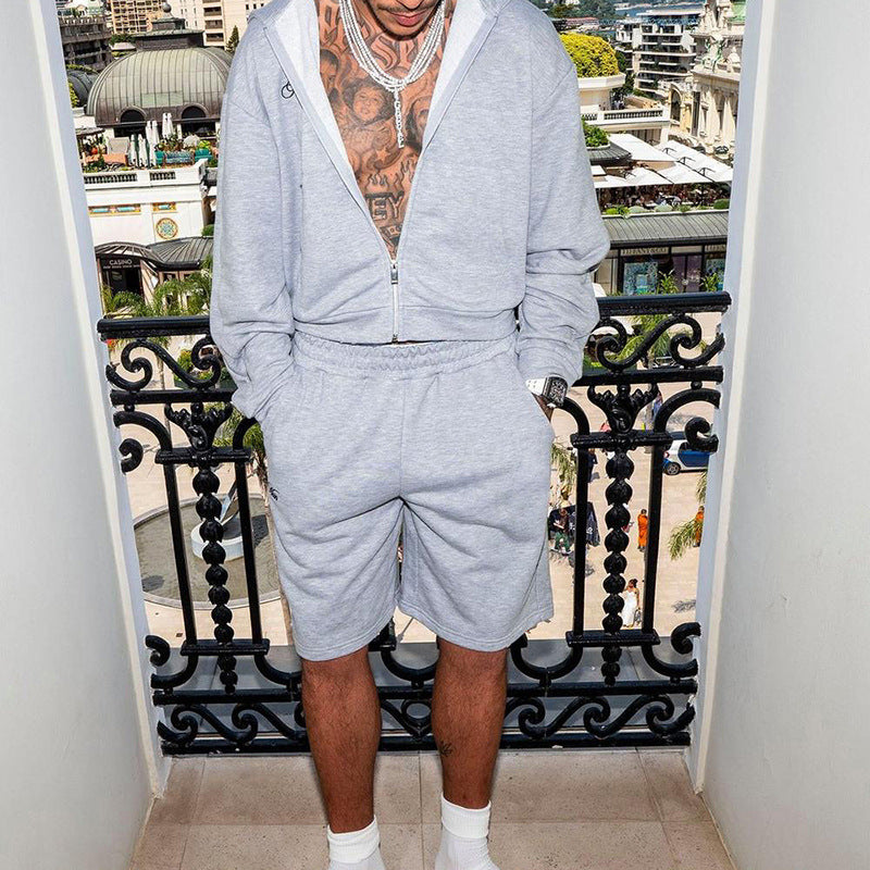 Herren Sweatshorts-Set mit Reißverschluss-Kapuzenjacke und elastischem Kordelbund Echoarchiv