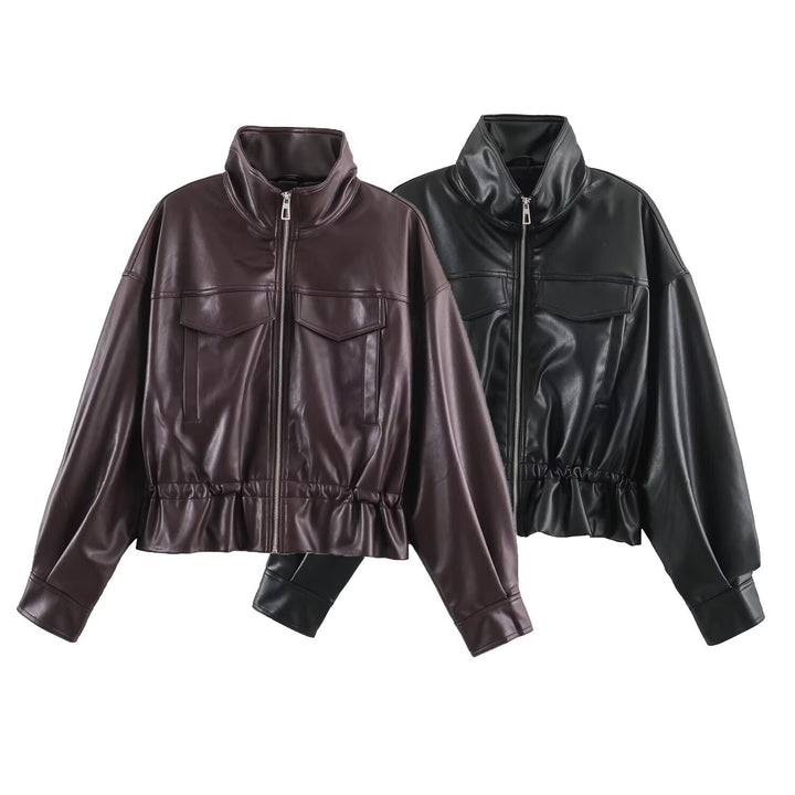 Damen Kurzer Oversize Kunstleder-Bomber mit Stehkragen, Pattentaschen und Kordelzug Echo Archiv