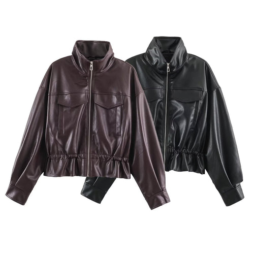 Damen Kurzer Oversize Kunstleder-Bomber mit Stehkragen, Pattentaschen und Kordelzug Echo Archiv