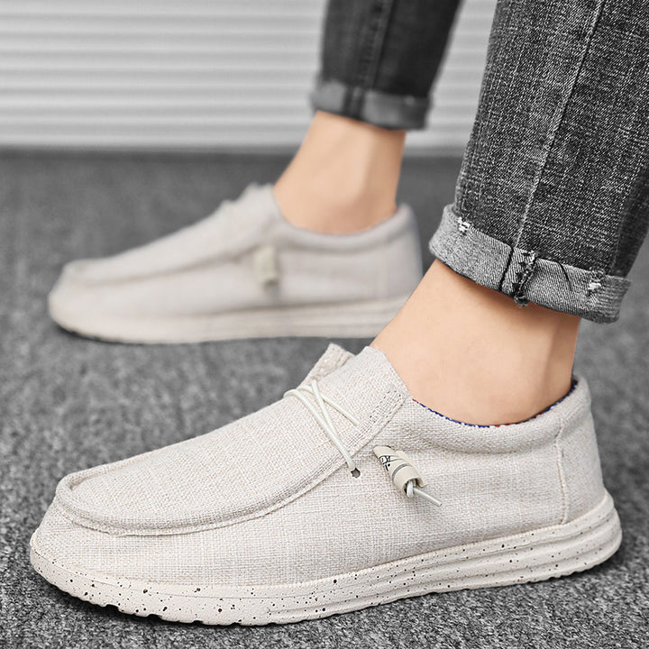 Herren lässiger Mokassin-Slipper aus Leinenstoff mit gepolsterter Komfortsohle und elastischem Schnürzug – Tavélo