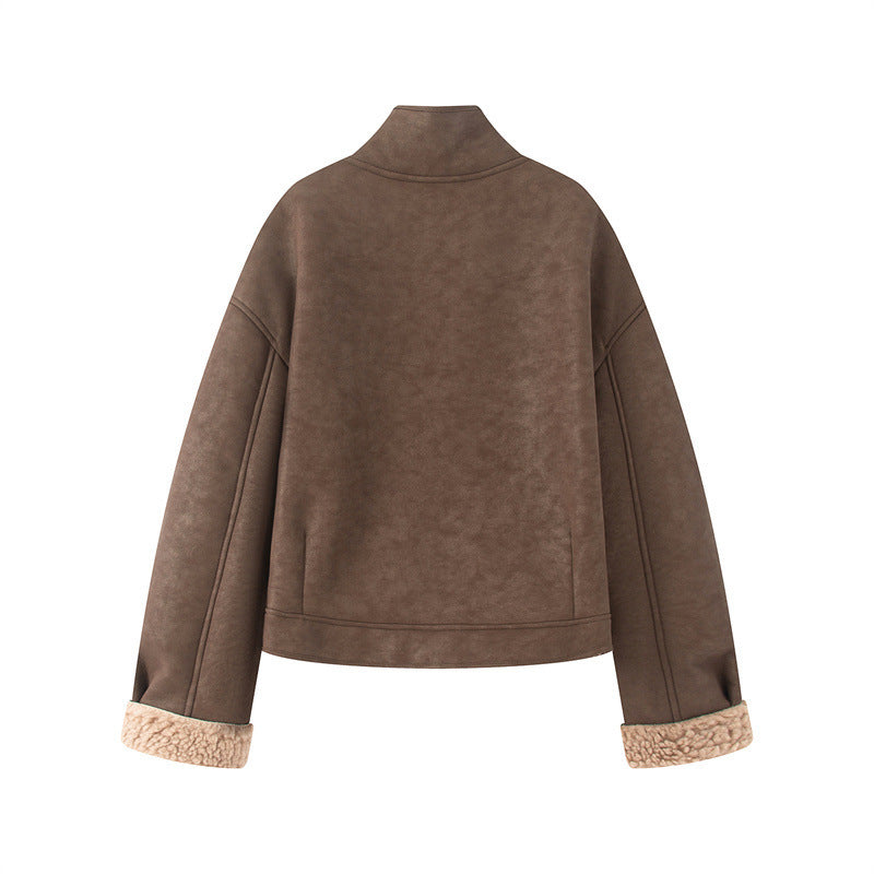 Damen kurze Lammfelloptik-Jacke mit hohem Stehkragen und geknöpfter Front – Célinea