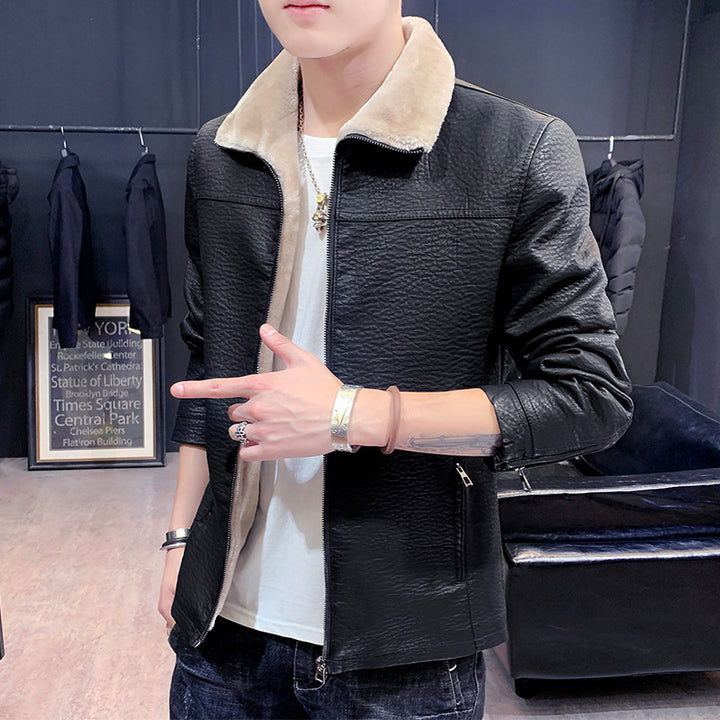 Herren schmal geschnittenes Kunstleder Blouson mit strukturiertem Finish und Teddykragen Echoarchiv