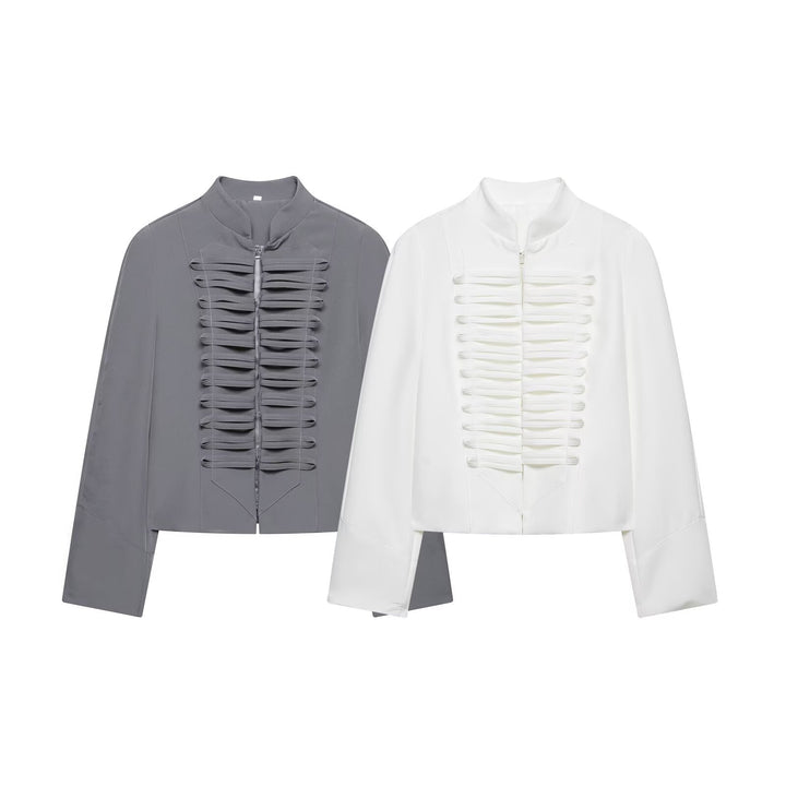 Damen Kurzbluse-Jacke mit gefalteter Rüschenpasse und Stehkragen Echo Archiv