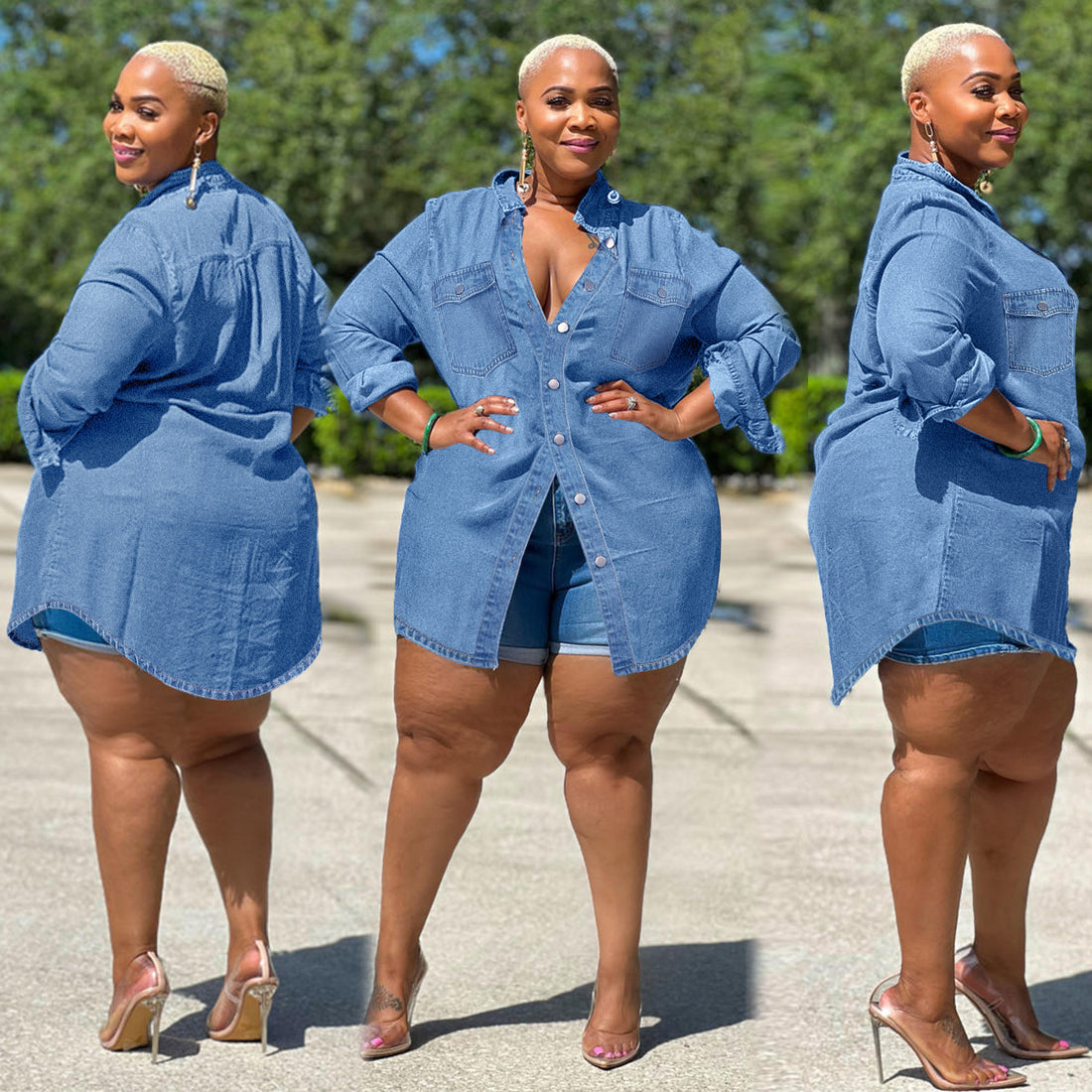 Damen Oversize-Denim-Hemdbluse im Longline-Schnitt mit Rollärmeln und Brusttaschen Echo Archiv
