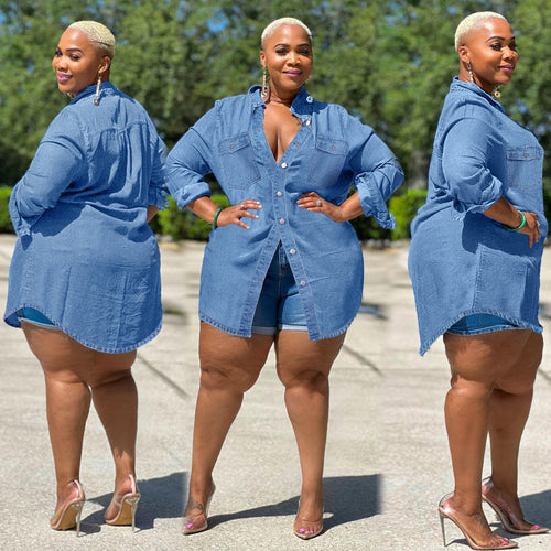 Damen Oversize-Denim-Hemdbluse im Longline-Schnitt mit Rollärmeln und Brusttaschen Echo Archiv