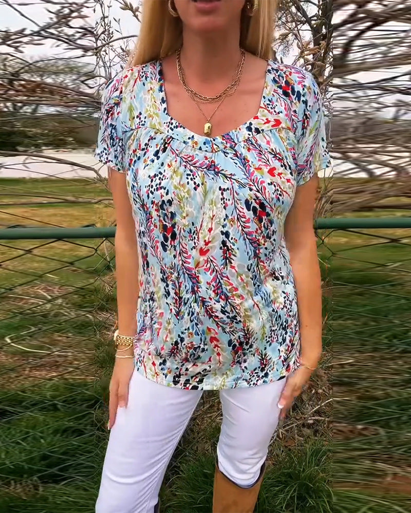 Damen nan leichtes florales Rundhals-Printshirt mit Brustfalten und legerer Hüftlänge Echo Archiv