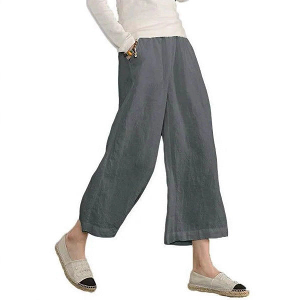 Damen weite Leinenhose mit seitlichen Taschen und elastischem Bund Echoarchiv