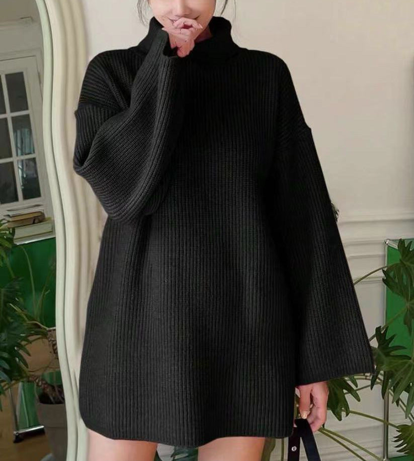 Damen Oversized geripptes Rollkragen‑Strickkleid mit Glockenärmeln – Mavelle