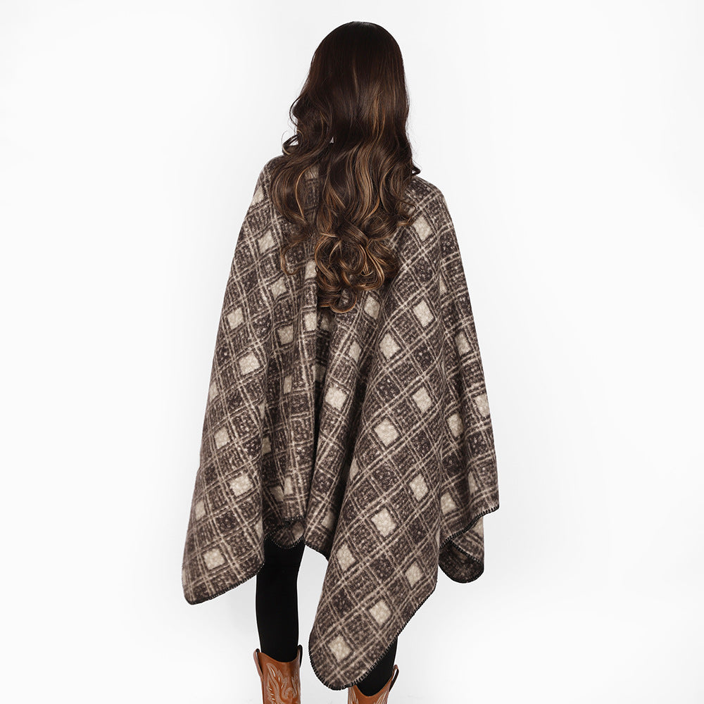 Damen Wollmix-Cape mit weichem Fall, Karomuster und asymmetrischem Zipfelsaum – Montévia