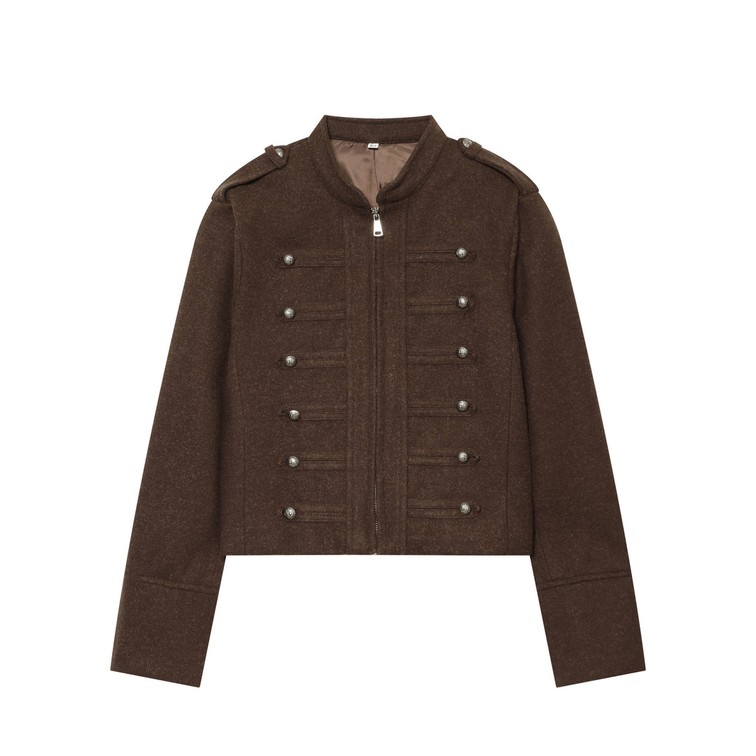 Damen militärisch inspirierte Wolljacke mit Stehkragen Zipper und dekorativen Knopfleisten – Célinea