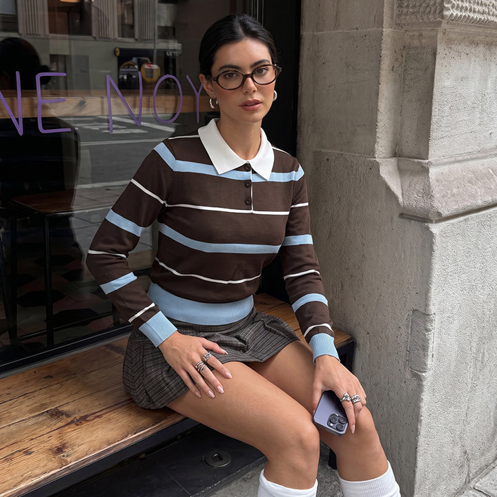 Damen Slim-Fit Polo-Strickpullover mit Retro-Streifen und kontrastierendem Hemdkragen Echoarchiv