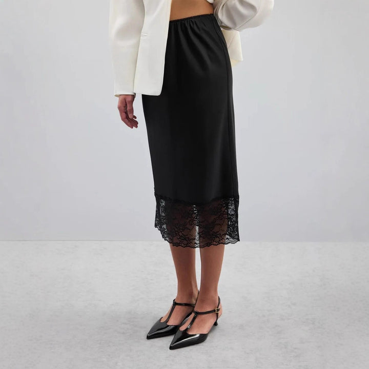 Damen eleganter Satin-Rock mit floralen Spitzenakzenten Echo Archiv