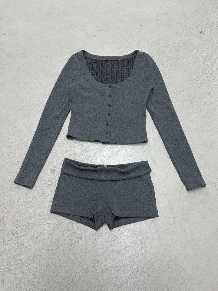 Damen nan geripptes Lounge-Set mit U-Ausschnitt Cropped-Cardigan und Highwaist-Shorts Echo Archiv