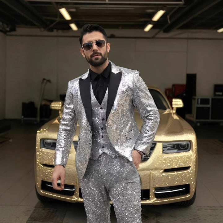 Herren Glamouröser Paillettenanzug mit schmaler Passform und elegantem Revers Echoarchiv