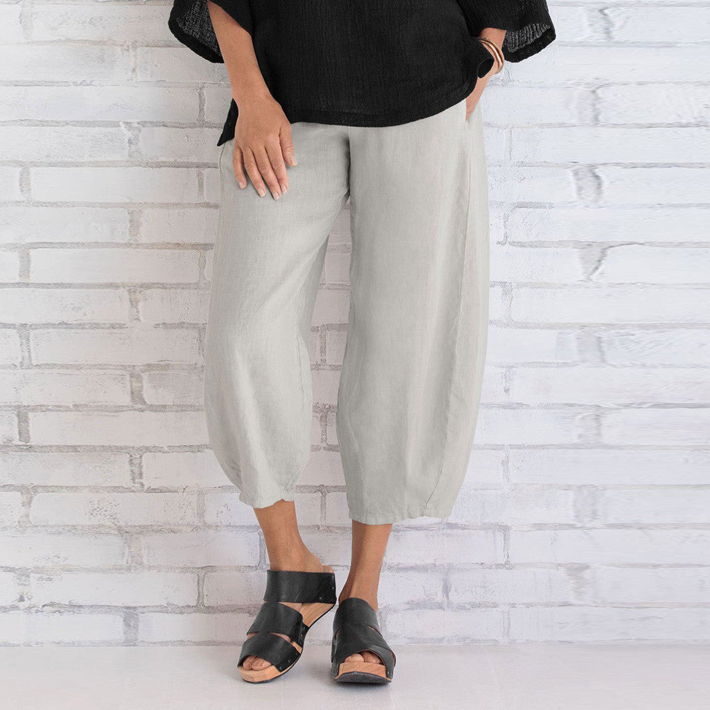 Damen nan weit geschnittene Leinenhose mit Tulpen-Saum und elastischem Bund Echo Archiv