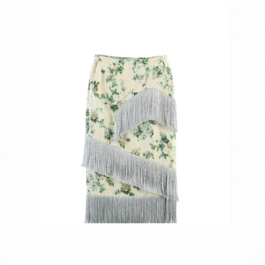 Damen Floral bedruckter Midirock mit diagonalem Fransenbesatz und schlanker Silhouette Echoarchiv