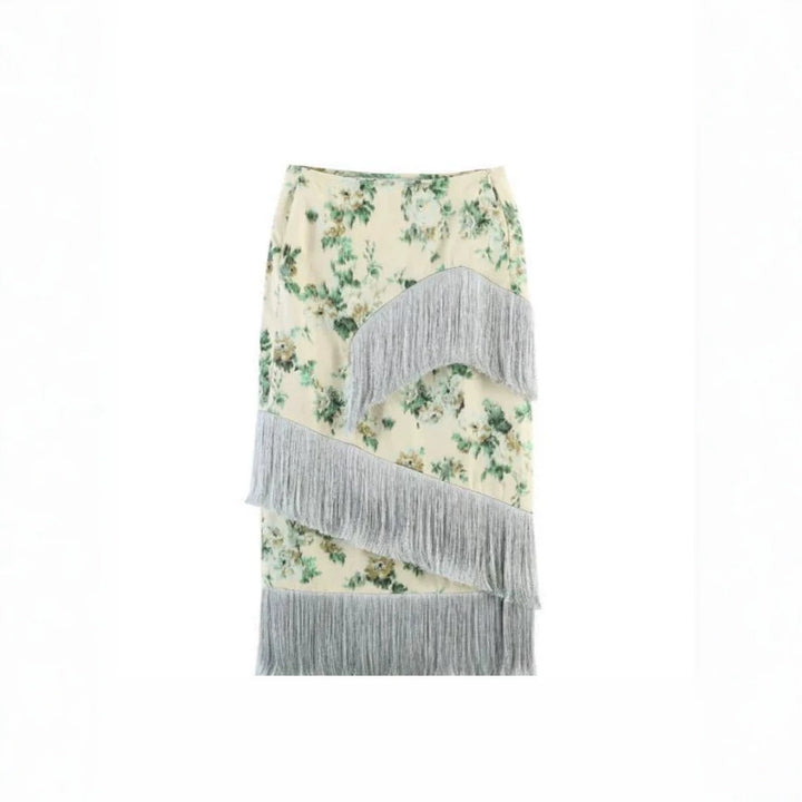 Damen Floral bedruckter Midirock mit diagonalem Fransenbesatz und schlanker Silhouette Echoarchiv