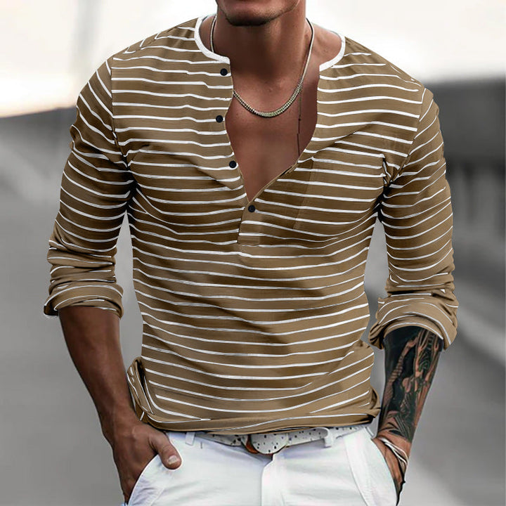 Herren Langarm-Henley-Shirt mit modischem Streifenmuster Echoarchiv