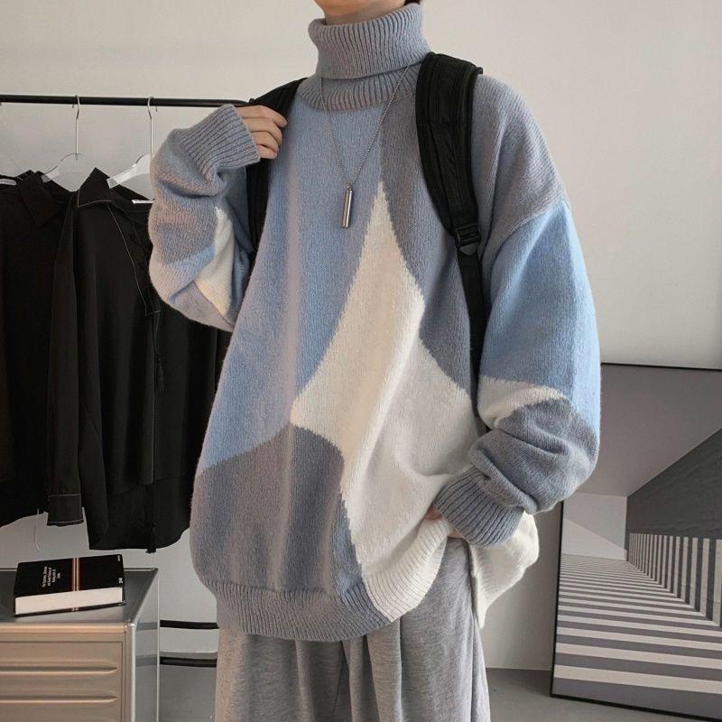 Herren Grobstrickpullover mit hohem Kragen und modernen Farbblocks Echoarchiv
