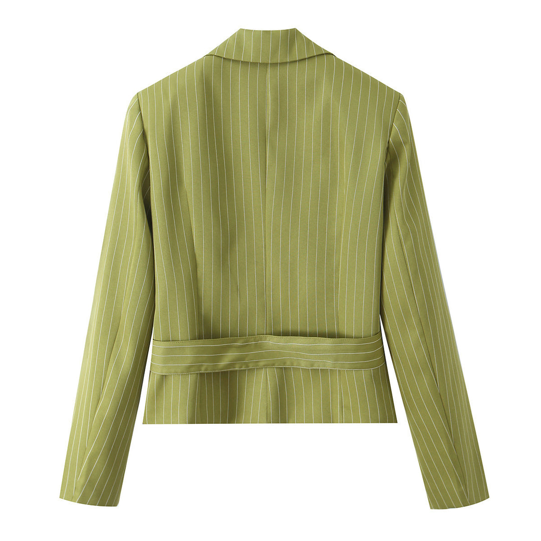 Damen Taillierter Cropped-Blazer mit Nadelstreifen, breitem Bindegürtel und tiefem Revers Echo Archiv