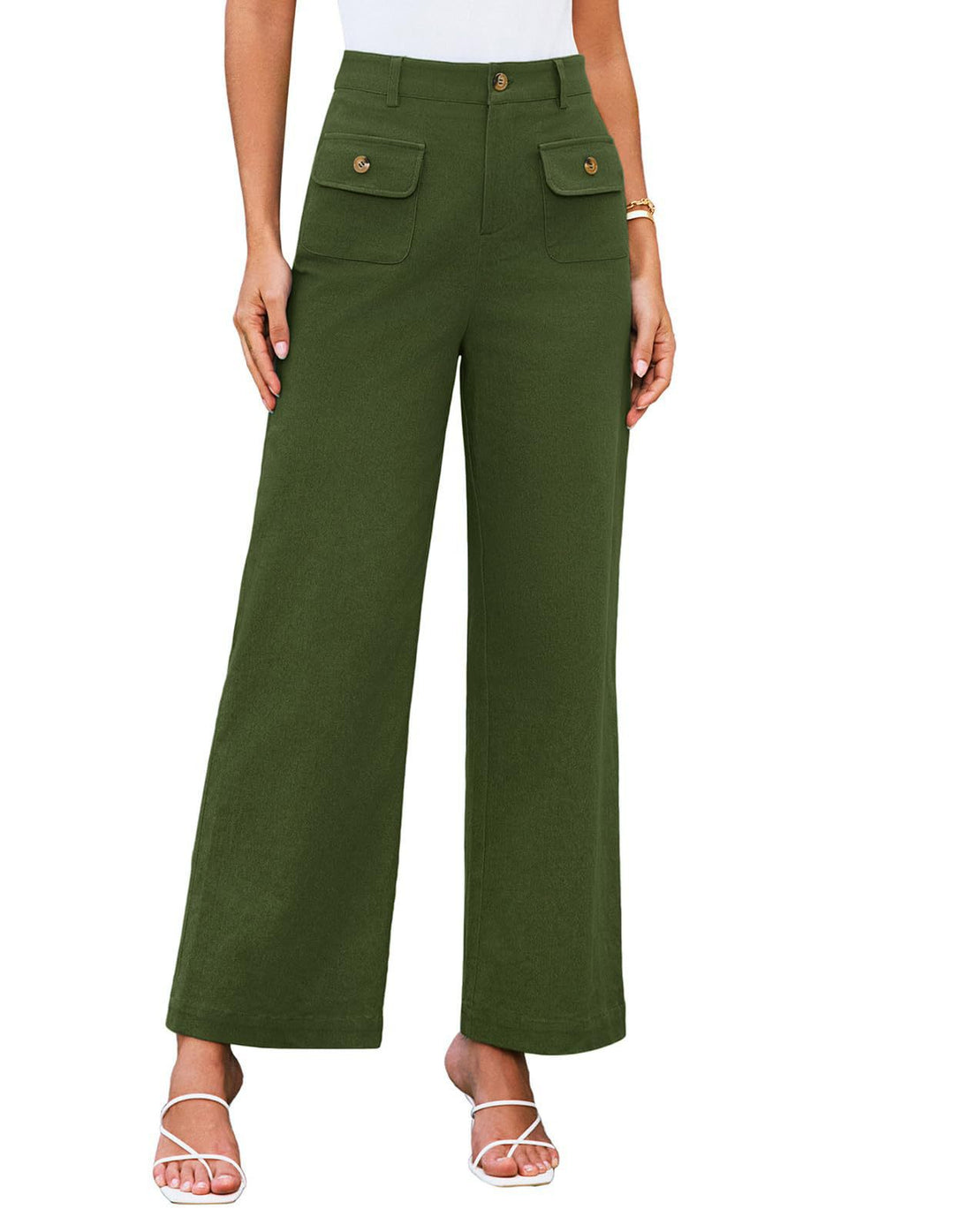 Hochtaillierte Damen-Trousers mit weitem Bein und Knopfklappen-Pattentaschen – Avélisse