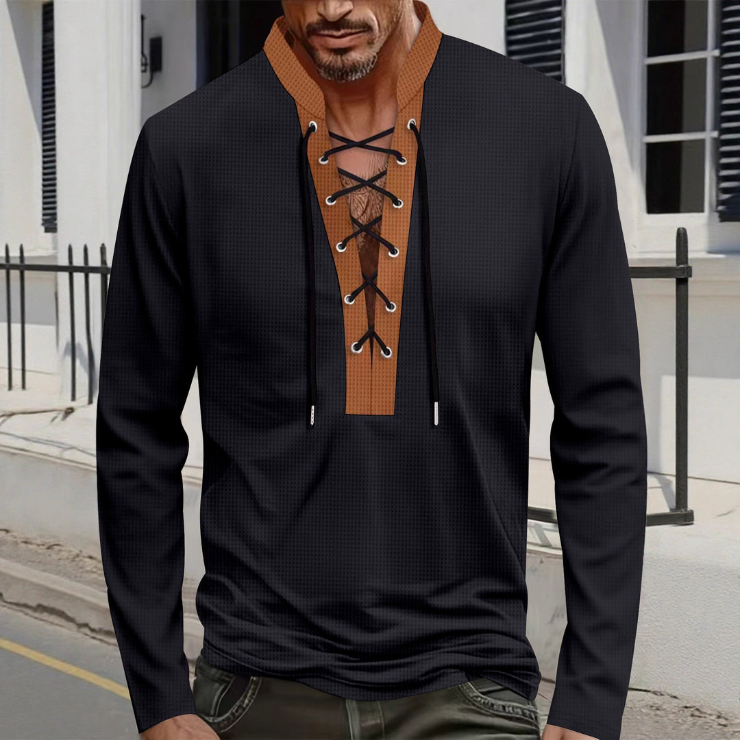 Herren Langarm-T-Shirt mit innovativer Schnürung und Melange-Optik Echoarchiv