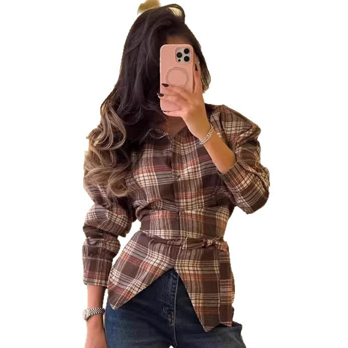 Damen Karo-Bluse mit Puffärmeln und taillierendem Bindegürtel Echoarchiv