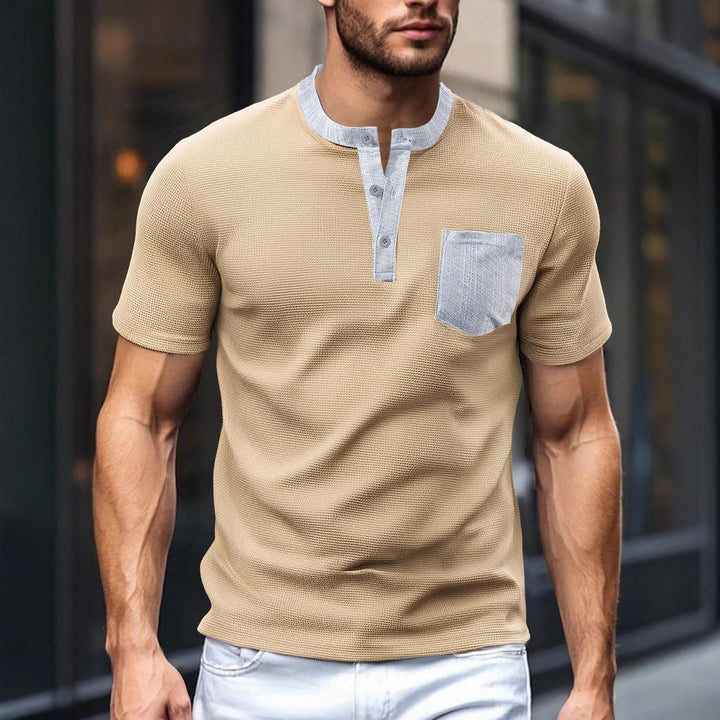 Herren nan atmungsaktives Waffel-Henleyshirt mit Stehkragen kurzer Knopfleiste und aufgesetzter Brusttasche Echo Archiv