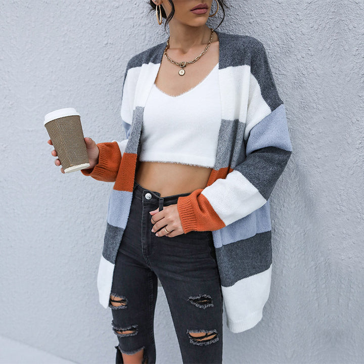 Damen Oversize Strickcardigan mit Blockstreifen und offener Front Echoarchiv